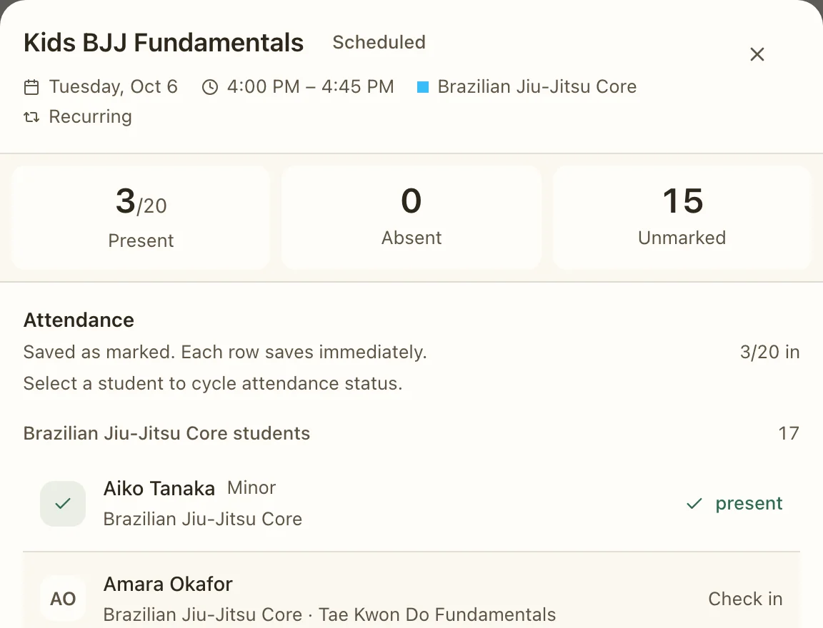 A class roster: three of twenty students present, with each student checked in by a tap.
