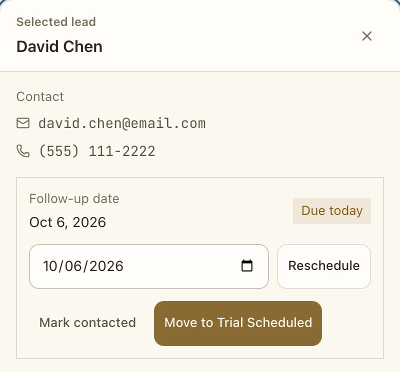 A trial lead with contact details and a follow-up due today, ready to move to Trial Scheduled.